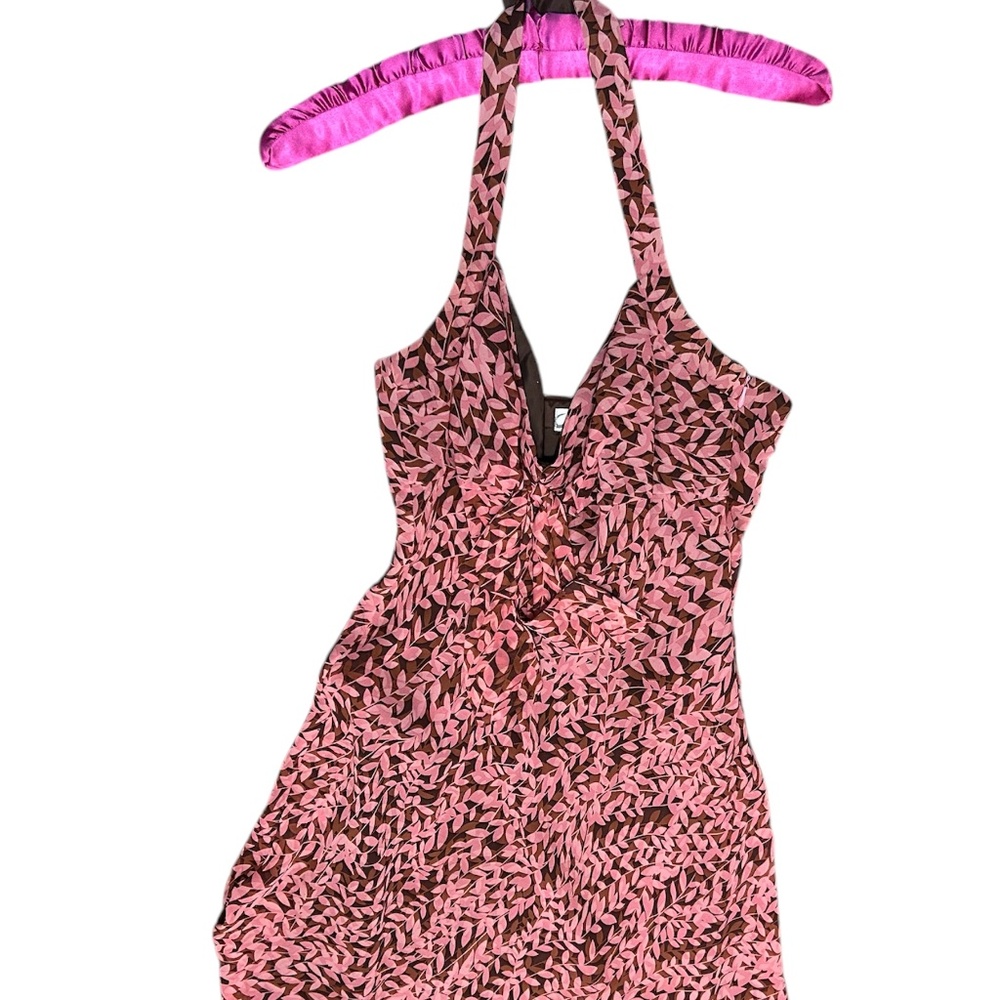 Women’s Dressbarn pink & brown 100% silk halter dress size 6 w/ side zip